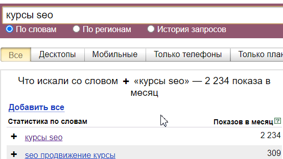 Пример базовой частотности фразы
